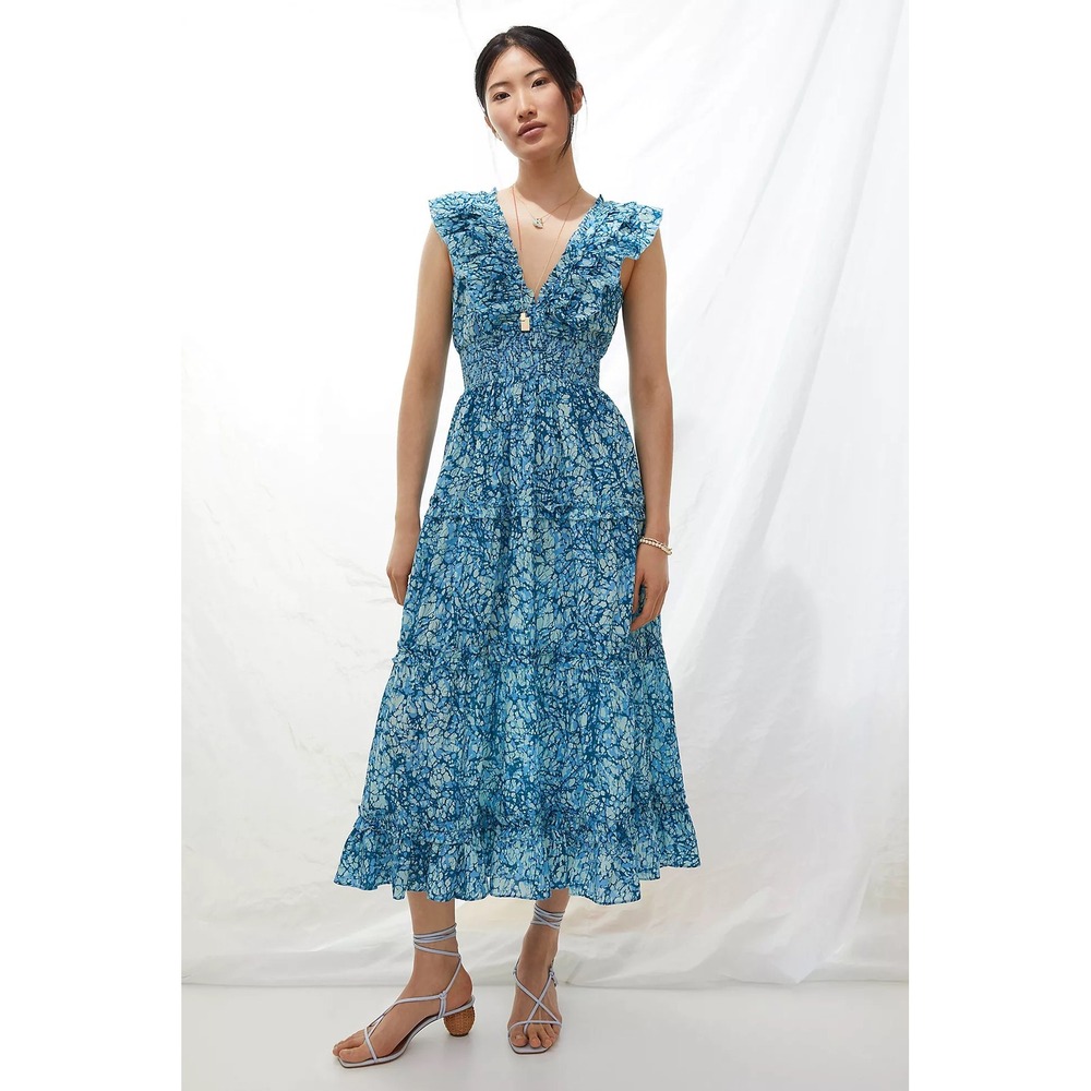 Love The Label Azalea Tiered Ruffle Midi Dress Large Blue Batik Floral Smocked